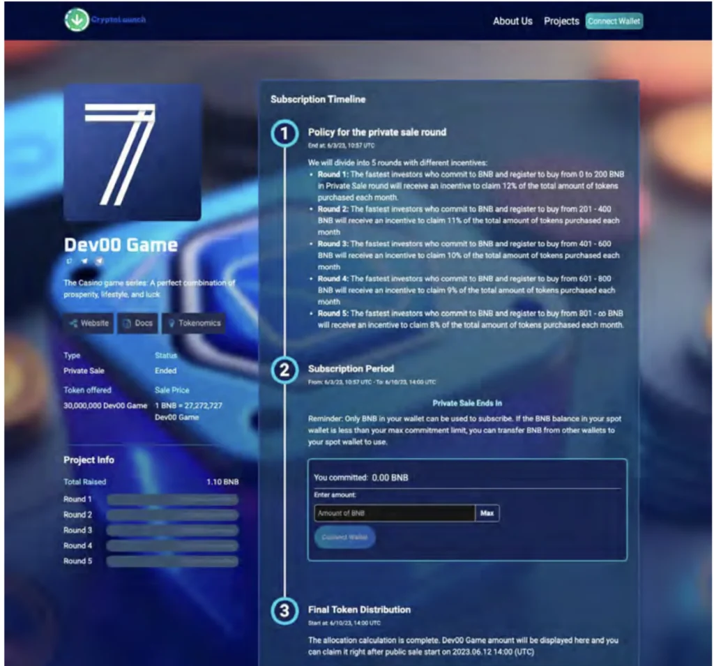CryptoLaunch token claim screen